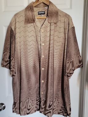 Men's XXL Mench Platinum Itay New York  Brown Wavy Patterned Short Sleeve Shirt